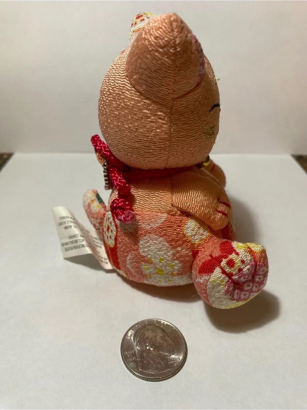 Peach Fabric Lucky Cat Key & Card Holder Charm